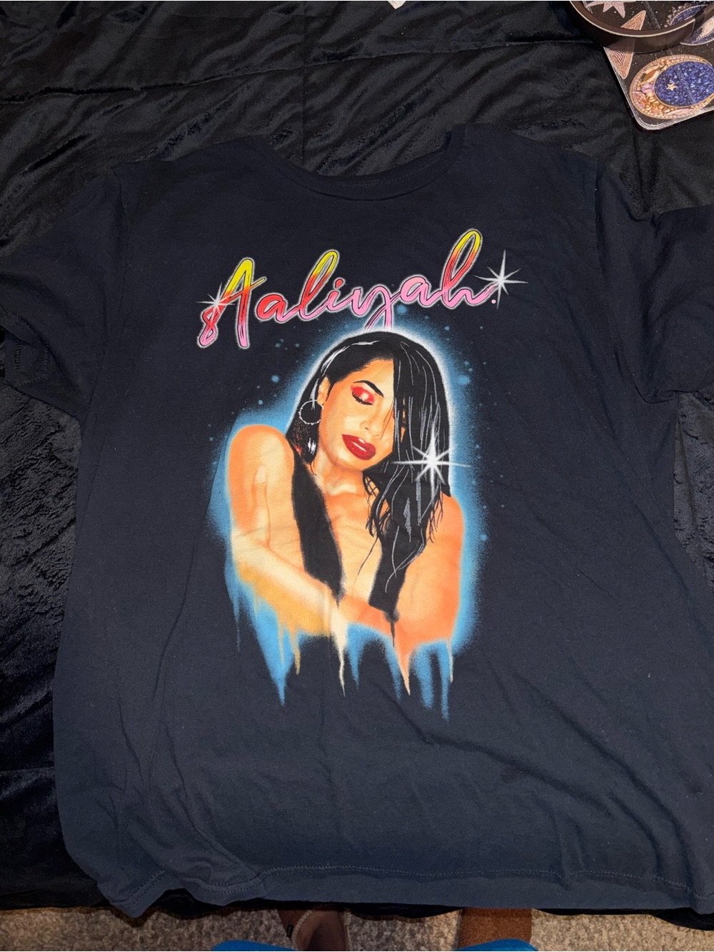 Graphic Short Sleeve Tee - Black with Multicolor Aaliyah Print